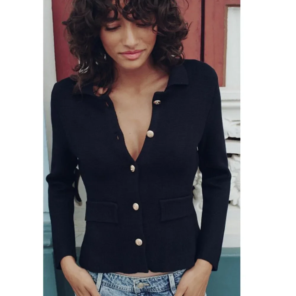 Zara Navy Blue Knit Cardigan Gold tone Button Long Sleeves Blazer style Size S - Picture 2 of 7